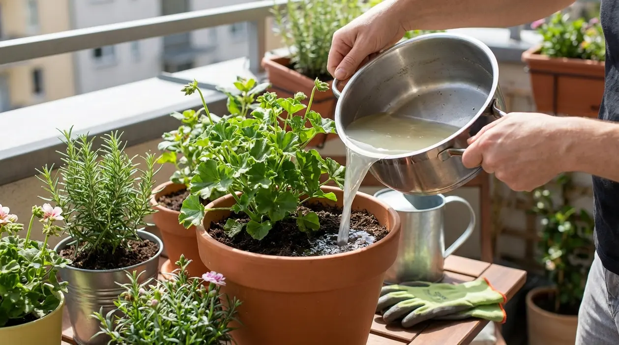 Persona che versa acqua di cottura in un vaso con pianta verde sul balcone, tra altre piante in vaso