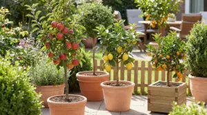 Alberi da frutto in vaso su un patio: un melo e agrumi, ideali per piccoli giardini e terrazzi