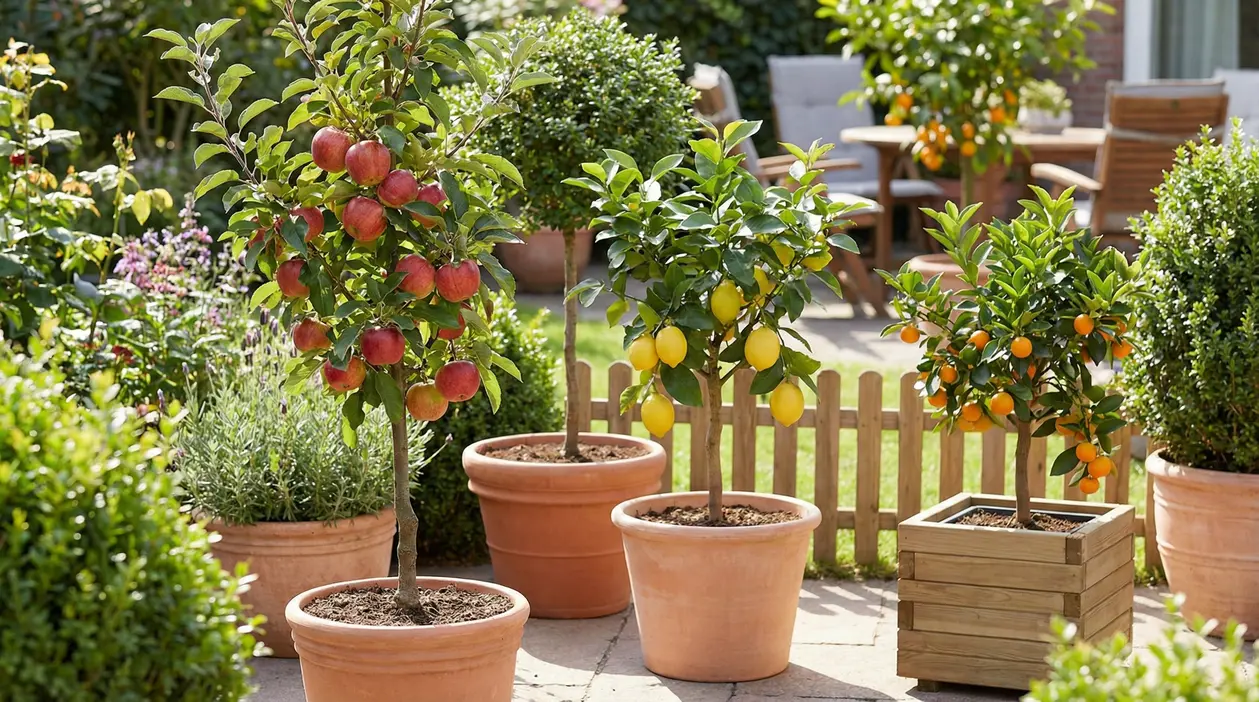 Alberi da frutto in vaso su un patio: un melo e agrumi, ideali per piccoli giardini e terrazzi
