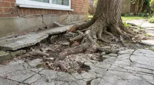 Radici di un grande albero sollevano il marciapiede e causano crepe vicino alle fondamenta di una casa