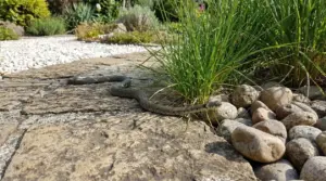 Biscia su un vialetto di pietra in giardino, vicino a ciuffi d’erba e sassi decorativi