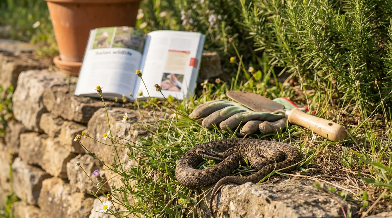 Vipera avvistata nell’erba del giardino vicino a guanti e attrezzi da giardinaggio