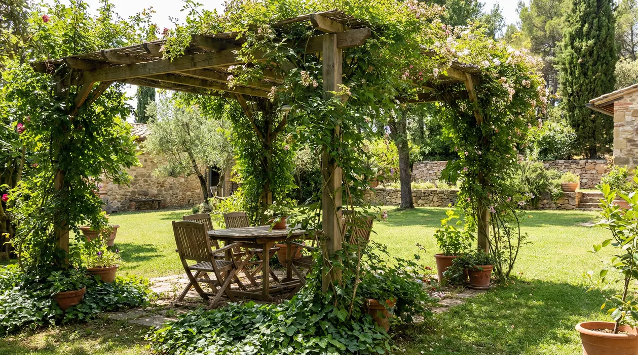 Pergolato in legno con piante rampicanti fiorite che creano un angolo d’ombra naturale in giardino