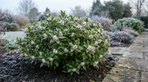 Arbusto sempreverde con piccoli fiori rosa e foglie verdi, coperto da brina, in un giardino invernale