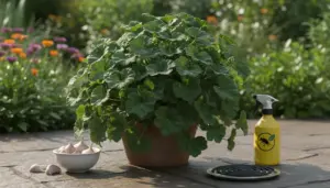 Arbusto in vaso sul patio con spruzzino repellente, spicchi d’aglio e spirale antizanzare in giardino