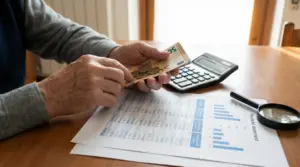 Mani di una persona che conta banconote e monete in euro accanto a calcolatrice e documenti con grafici