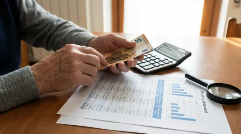 Mani di una persona che conta banconote e monete in euro accanto a calcolatrice e documenti con grafici