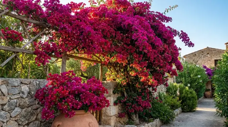 Bouganville fucsia in piena fioritura su pergolato e vaso in terracotta in giardino mediterraneo