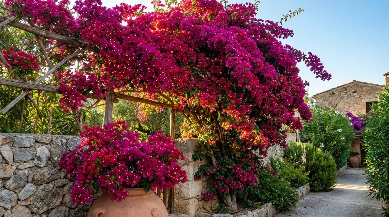 Bouganville fucsia in piena fioritura su pergolato e vaso in terracotta in giardino mediterraneo