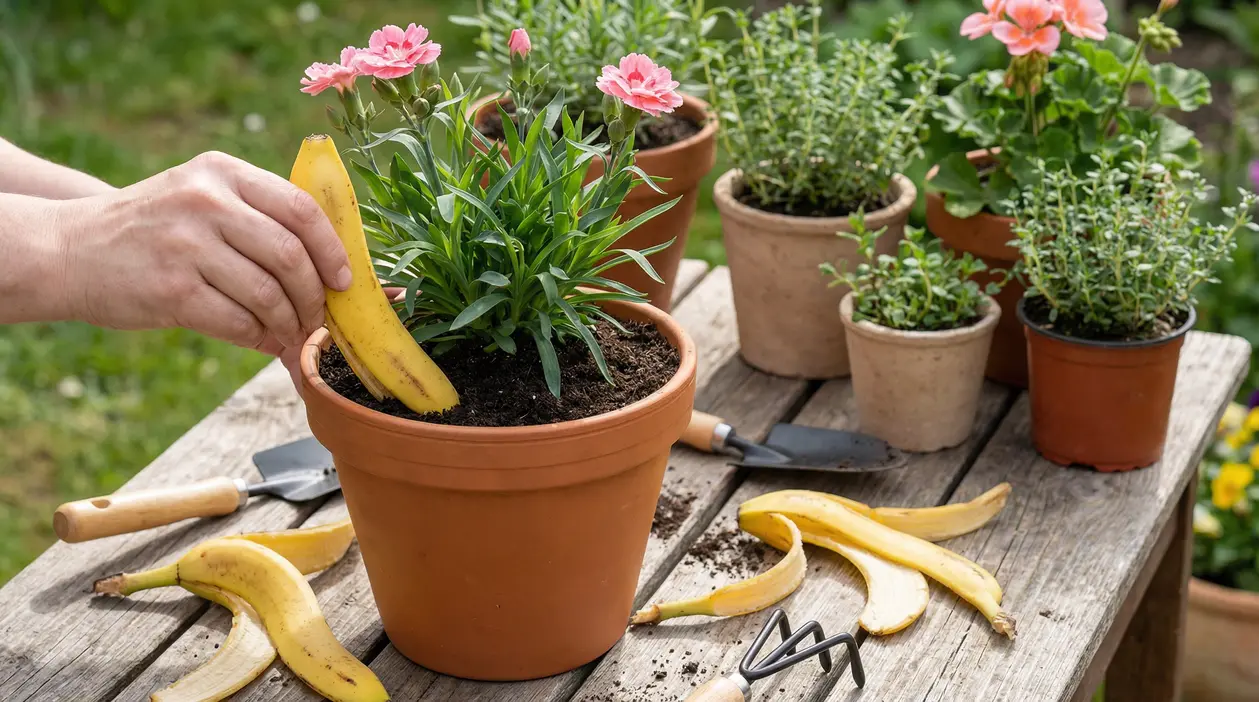 Mano che inserisce una buccia di banana nel terriccio di un vaso con pianta fiorita su tavolo da giardinaggio