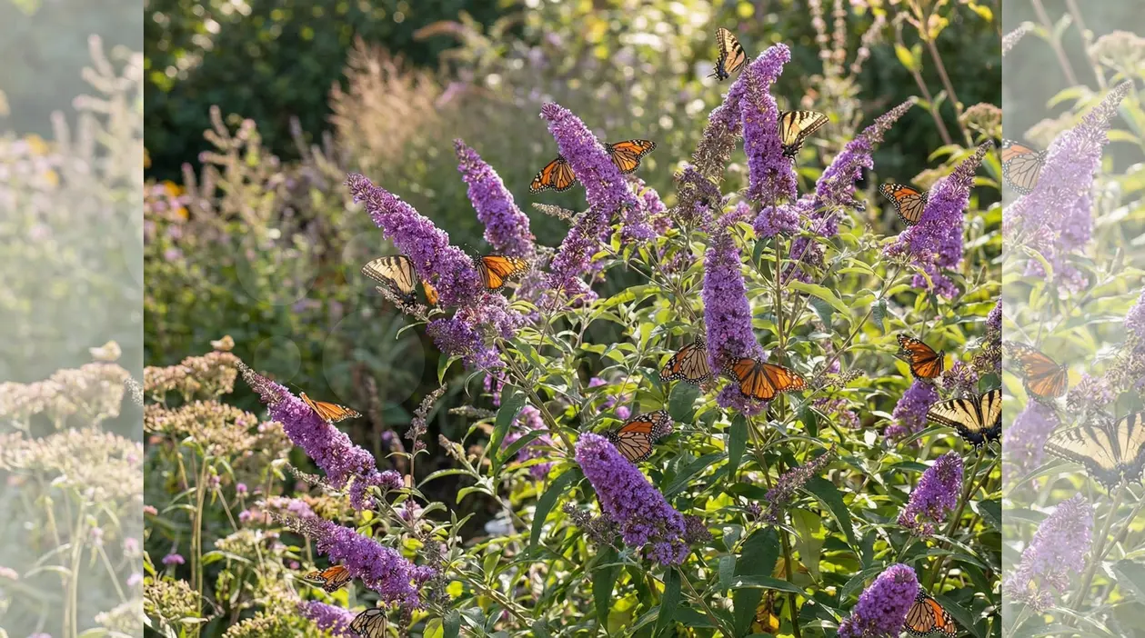 Infiorescenze viola di buddleja con farfalle posate, in un giardino soleggiato