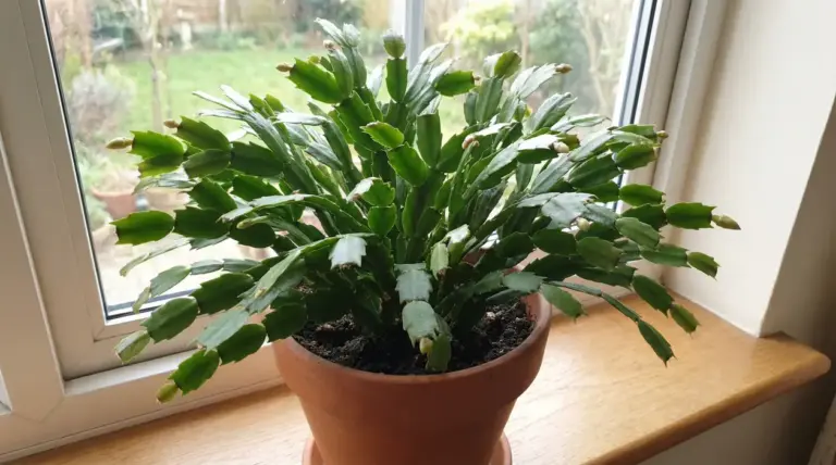 Cactus di Natale in vaso di terracotta sul davanzale, con molti boccioli pronti a fiorire