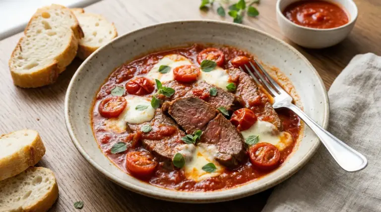 Carne alla pizzaiola con salsa di pomodoro, mozzarella fusa e pomodorini, servita in piatto con pane a fette