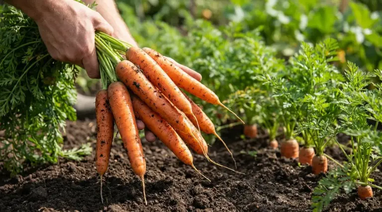Mani che raccolgono carote appena estratte dall’orto, con terra sulle radici e foglie verdi sullo sfondo