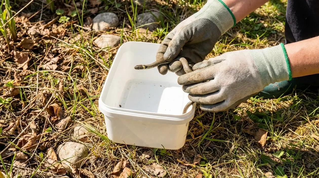 Mani con guanti catturano un piccolo serpente in giardino e lo avvicinano a un contenitore di plastica