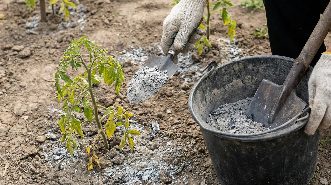 Mani con guanti spargono cenere nel terreno accanto a una piantina di pomodoro in orto, con secchio e paletta