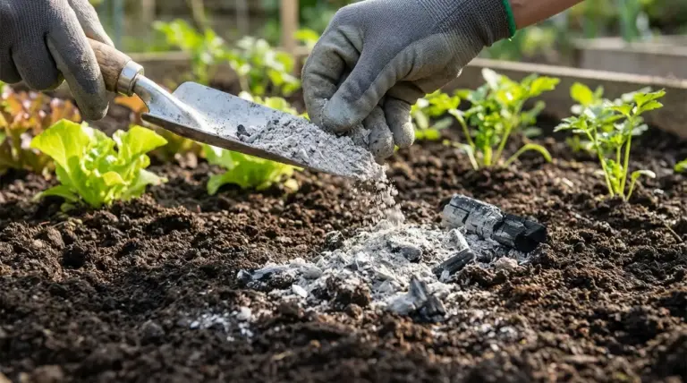 Mani con guanti spargono cenere di legna sul terreno dell’orto tra le piantine, usando una paletta da giardinaggio