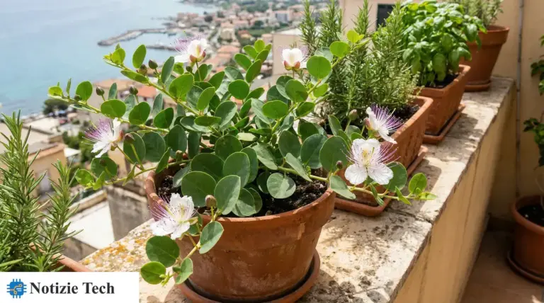 Pianta di cappero in vaso con fiori bianchi e stami viola su terrazzo con altre erbe aromatiche