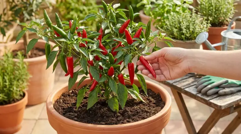 Pianta di peperoncino in vaso con frutti rossi e verdi, una mano raccoglie un peperoncino sul terrazzo