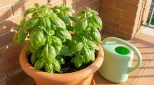 Pianta di basilico rigogliosa in vaso di terracotta su balcone, con annaffiatoio accanto