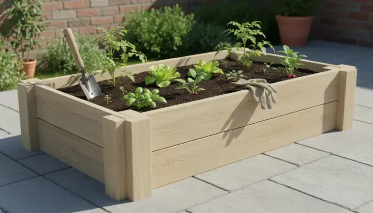 Orto rialzato in legno con piantine di ortaggi, paletta e guanti da giardinaggio su un patio