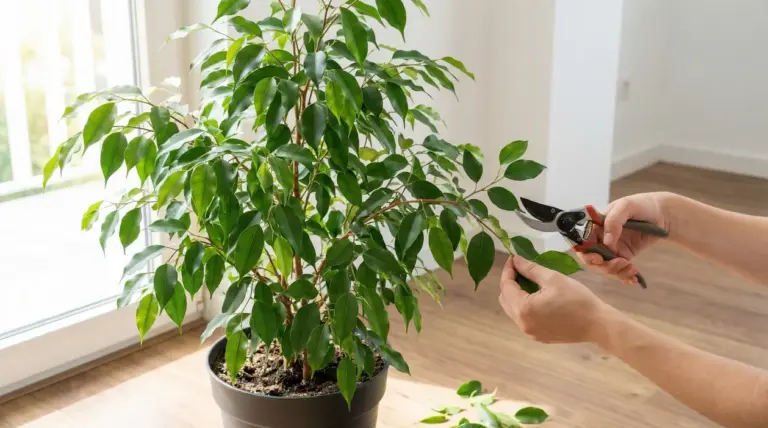 Potatura di un ficus benjamin in vaso vicino a una finestra, con forbici da giardinaggio e foglie verdi