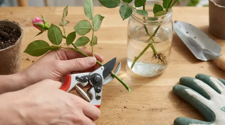 Mani che tagliano una talea di rosa con cesoie su un tavolo, con barattolo d’acqua e radici sullo sfondo