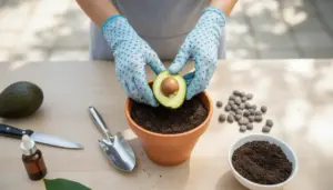 Mani con guanti che posizionano mezzo avocado con nocciolo in un vaso di terracotta pieno di terriccio