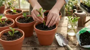 Mani che piantano una talea in un vaso di terracotta con terriccio, su un tavolo da giardinaggio