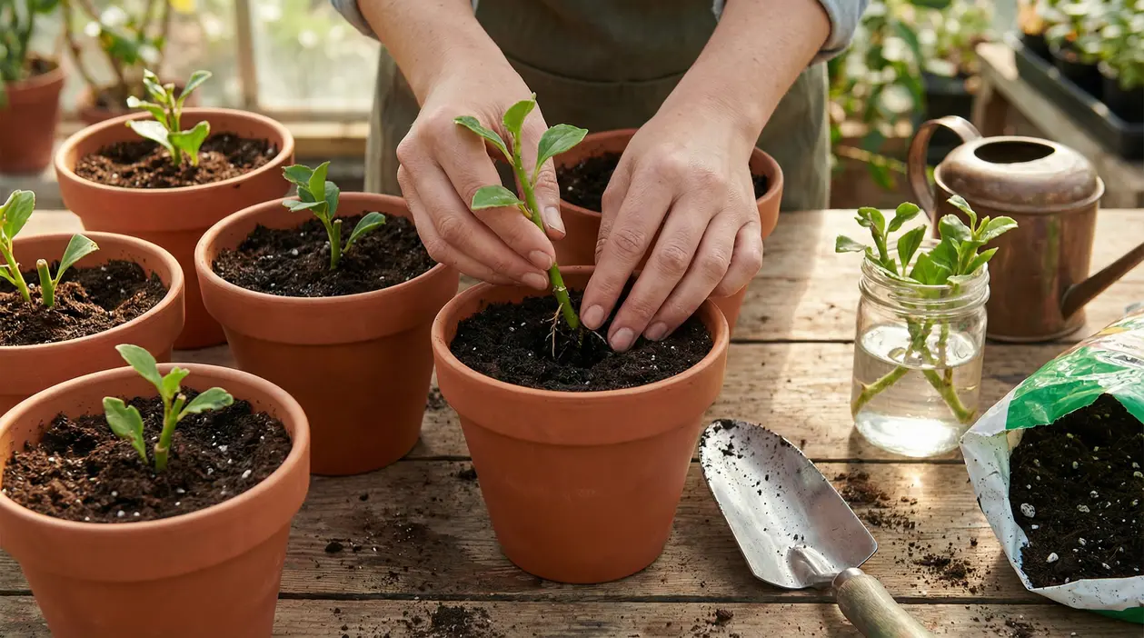 Mani che piantano una talea in un vaso di terracotta con terriccio, su un tavolo da giardinaggio