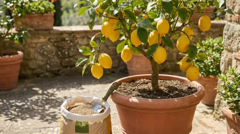 Albero di limone in vaso con frutti maturi e sacco di concime granulare con paletta in giardino