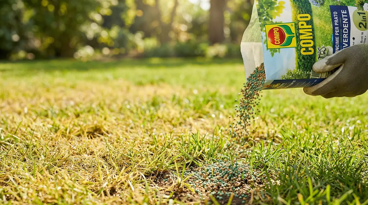 Mano con guanto sparge concime granulare su un prato ingiallito per rinverdire l’erba