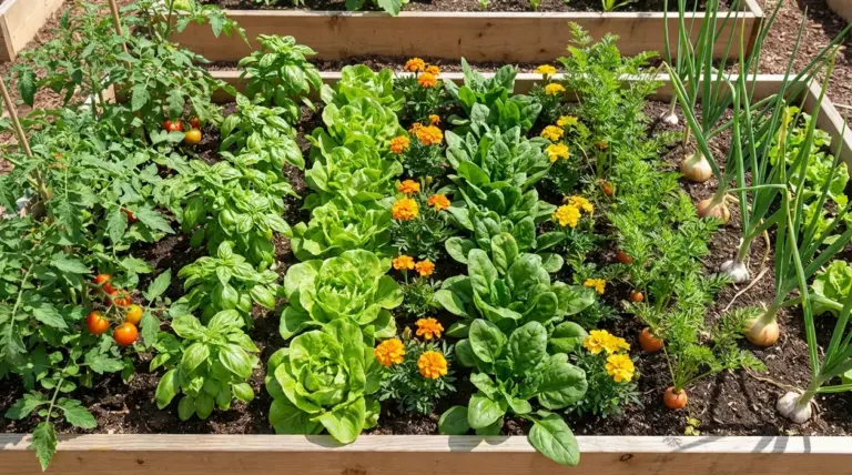 Orto rialzato con pomodori, basilico, lattuga, spinaci, carote, cipolle e tagete in consociazione