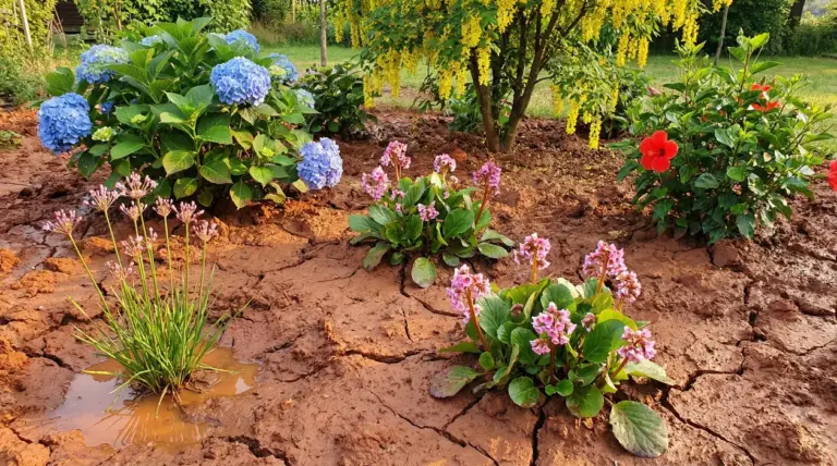 Aiola con terreno argilloso e compatto, fessurato e umido, con ortensie blu e fiori rosa in giardino