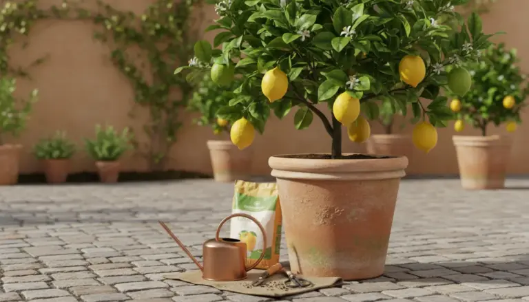 Pianta di limone in vaso di terracotta con frutti e fiori, annaffiatoio e concime su un patio soleggiato
