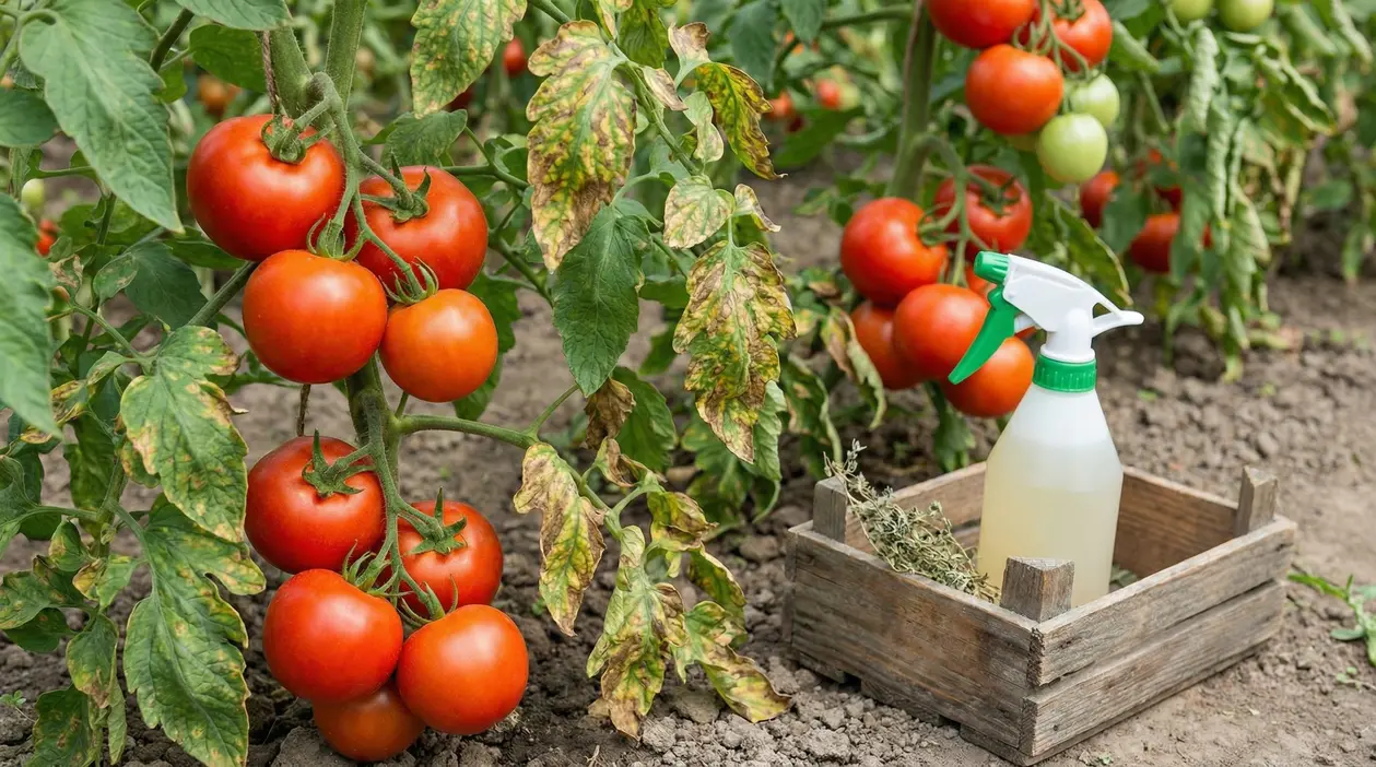 Piante di pomodoro con foglie macchiate e spruzzino per trattamento naturale contro la peronospora nell’orto