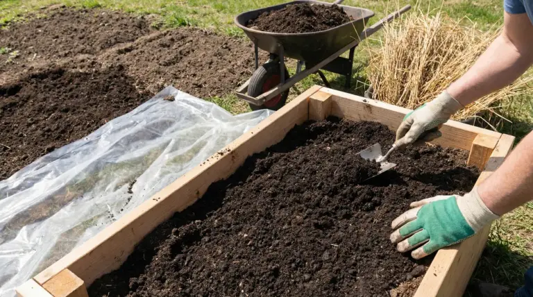 Persona con guanti che prepara il terreno in un cassone rialzato per l’orto, con teli e carriola sullo sfondo