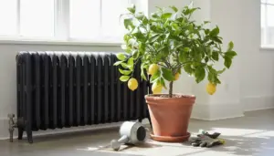 Pianta di limone in vaso vicino a un termosifone e a una finestra luminosa, con annaffiatoio e guanti da giardinaggio