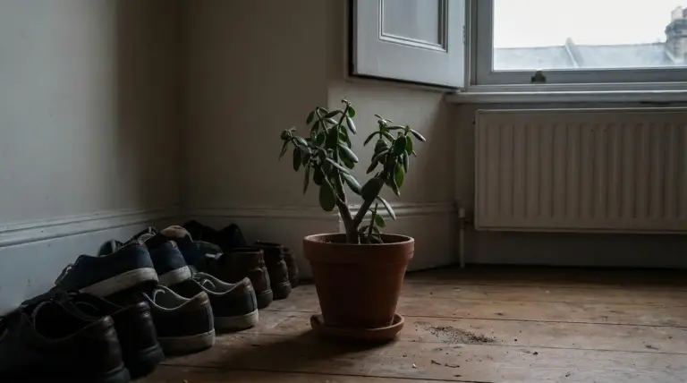 Albero di giada in vaso sul pavimento vicino a finestra e termosifone, in un angolo della stanza
