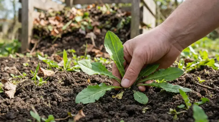 Mano che estirpa un’erba spontanea dal terreno dell’orto, con cumulo di compost sullo sfondo