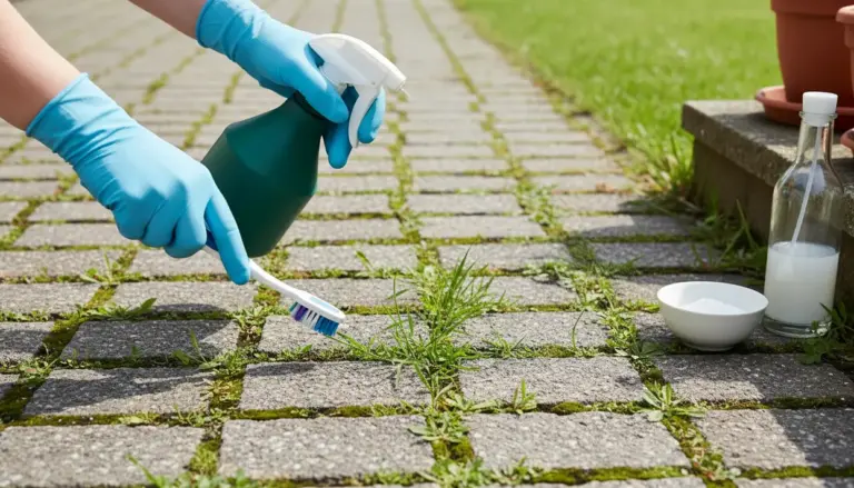 Mani con guanti puliscono le erbacce tra le fughe del vialetto con spazzolino e spruzzino