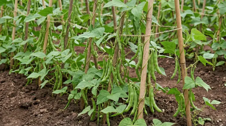 Piante di fagiolini rampicanti su canne di sostegno, con baccelli verdi pronti per la raccolta nell’orto