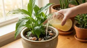 Mano che versa fertilizzante naturale liquido in un vaso con pianta verde da interno vicino a una finestra