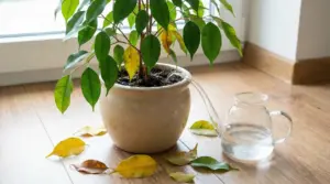 Ficus in vaso con foglie ingiallite e cadute a terra, vicino a una brocca d’acqua per l’irrigazione