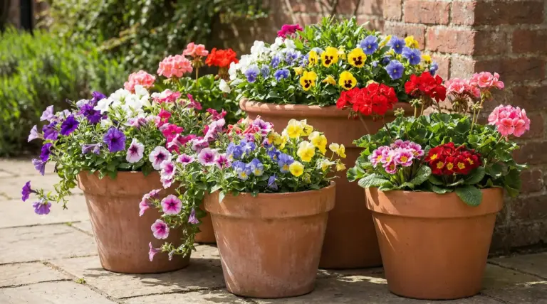 Grandi vasi in terracotta con fiori colorati e resistenti, ideali per terrazzo e giardino tutto l’anno