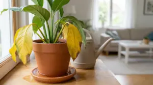 Pianta da interno con foglie gialle e macchie brune in vaso di terracotta vicino a una finestra