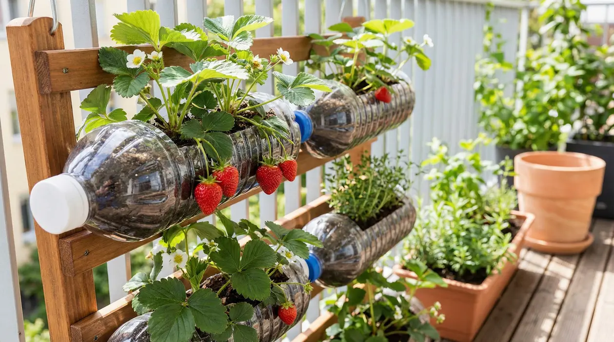 Piante di fragole coltivate in bottiglie di plastica riciclate su un supporto in legno, ideale per balcone e poco spazio
