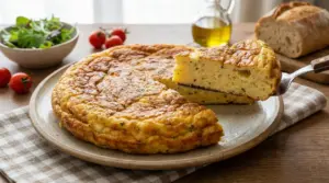 Frittata alta e soffice su un piatto, con una fetta sollevata e contorno di insalata, pomodorini e pane