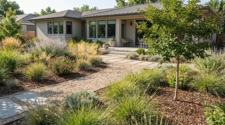 Giardino a bassa manutenzione con graminacee ornamentali, pacciamatura e vialetto in ghiaia davanti a una casa