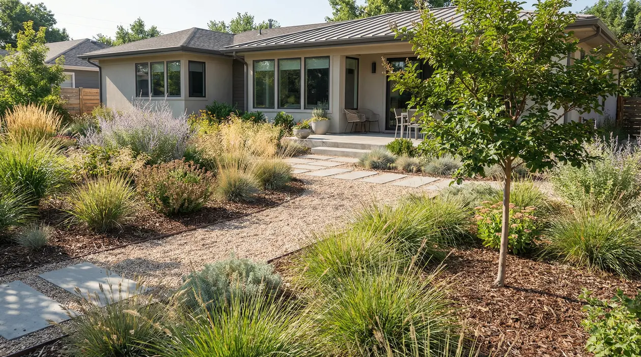 Giardino a bassa manutenzione con graminacee ornamentali, pacciamatura e vialetto in ghiaia davanti a una casa